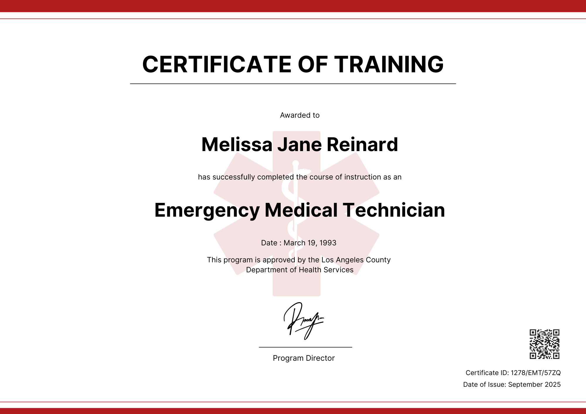 Streamlined EMT Certificate Template with Organized Information Flow